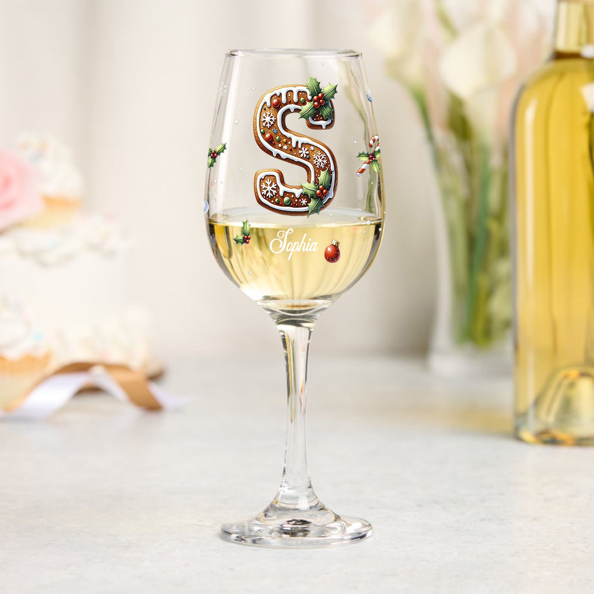 Gingerbread Letter - Personalized Family Wine Glass With Long Stem