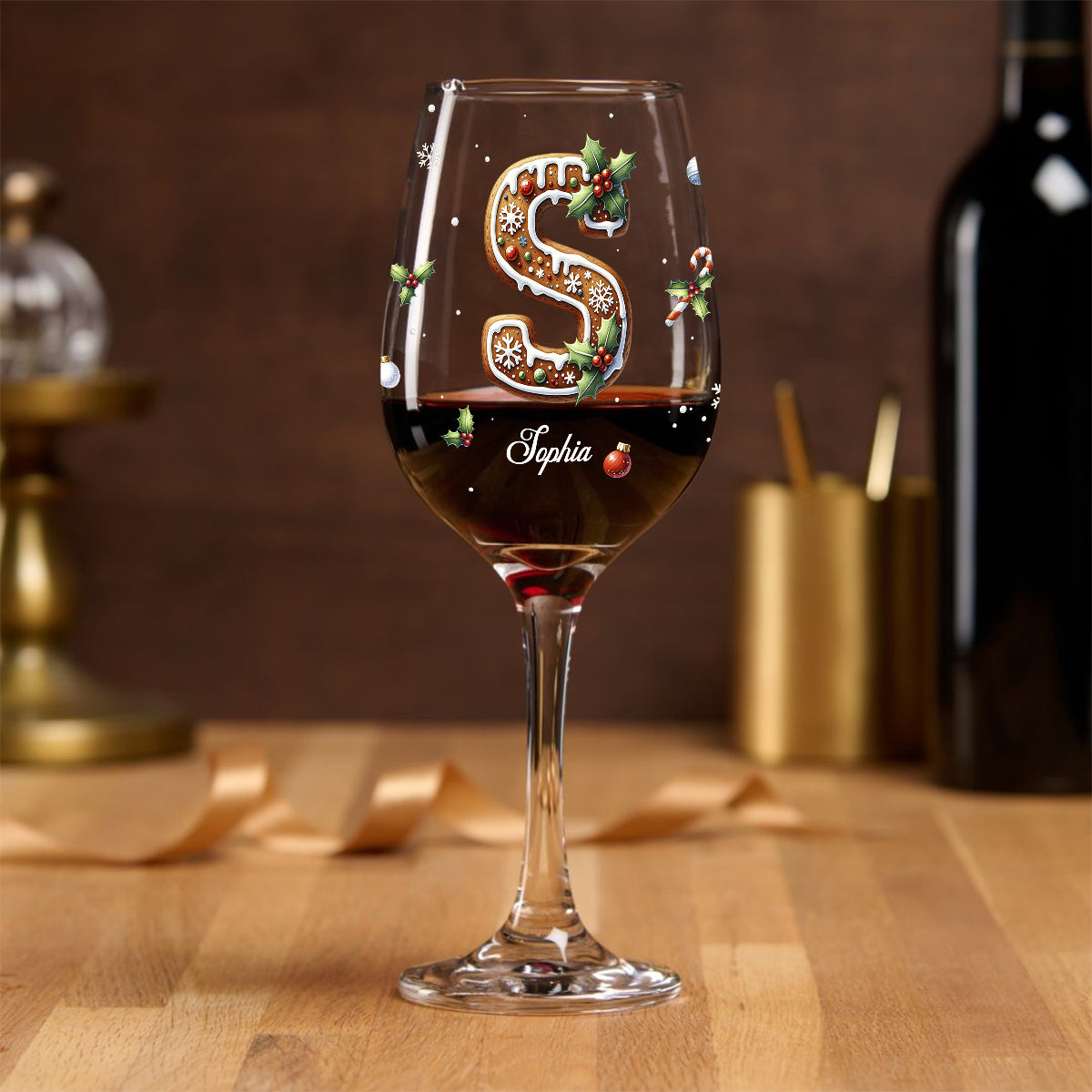 Gingerbread Letter - Personalized Family Wine Glass With Long Stem
