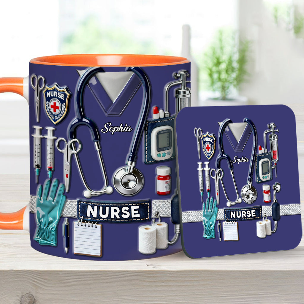 Nursing Is A Work Of Heart - Personalized Nurse Accent Mug & Coaster