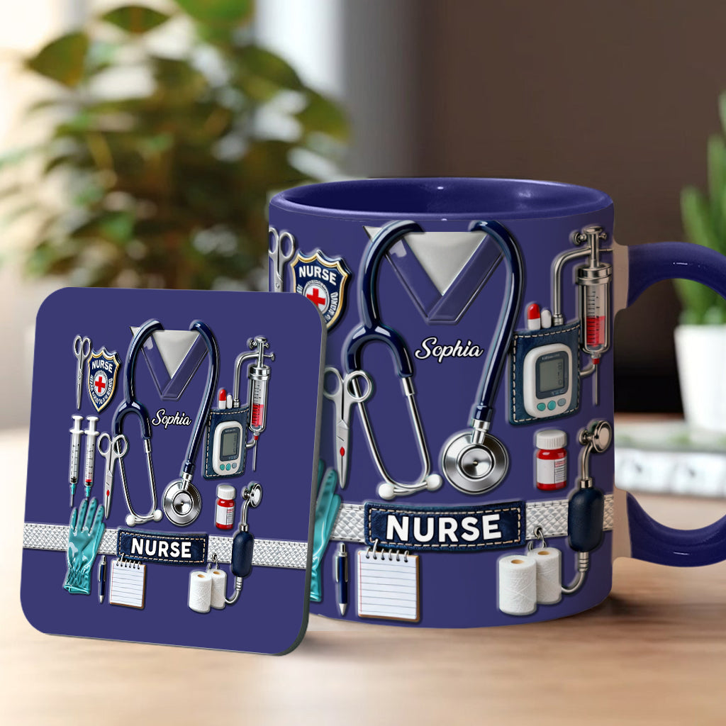 Nursing Is A Work Of Heart - Personalized Nurse Accent Mug & Coaster