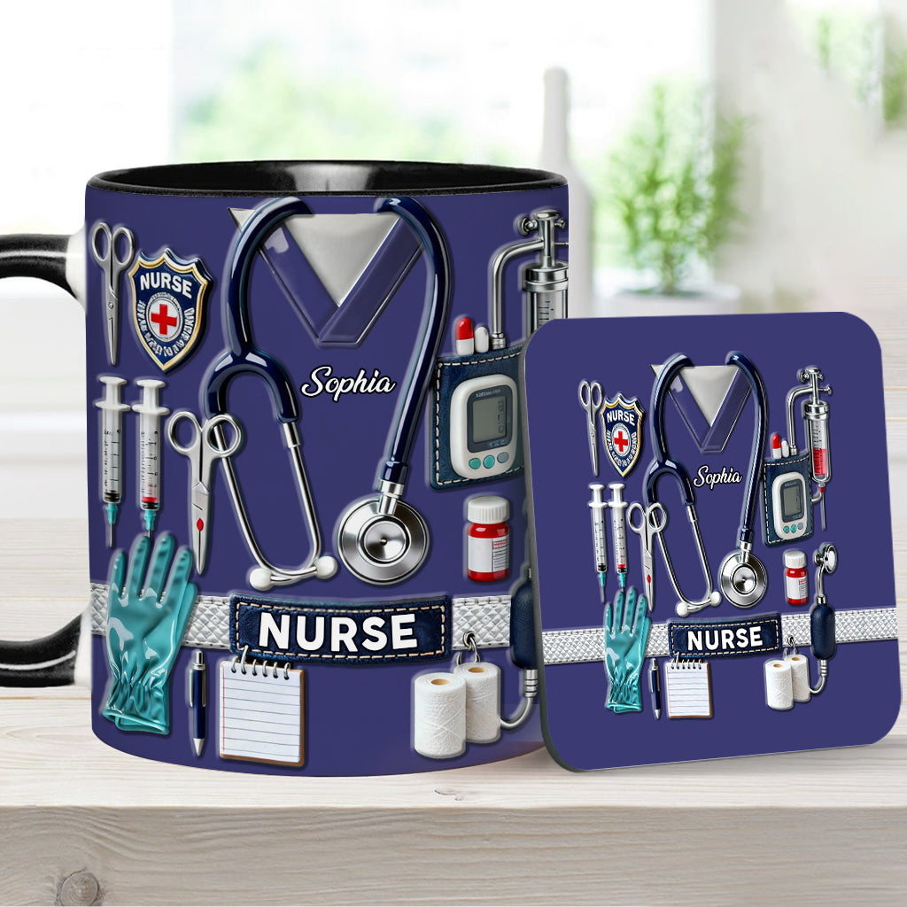 Nursing Is A Work Of Heart - Personalized Nurse Accent Mug & Coaster