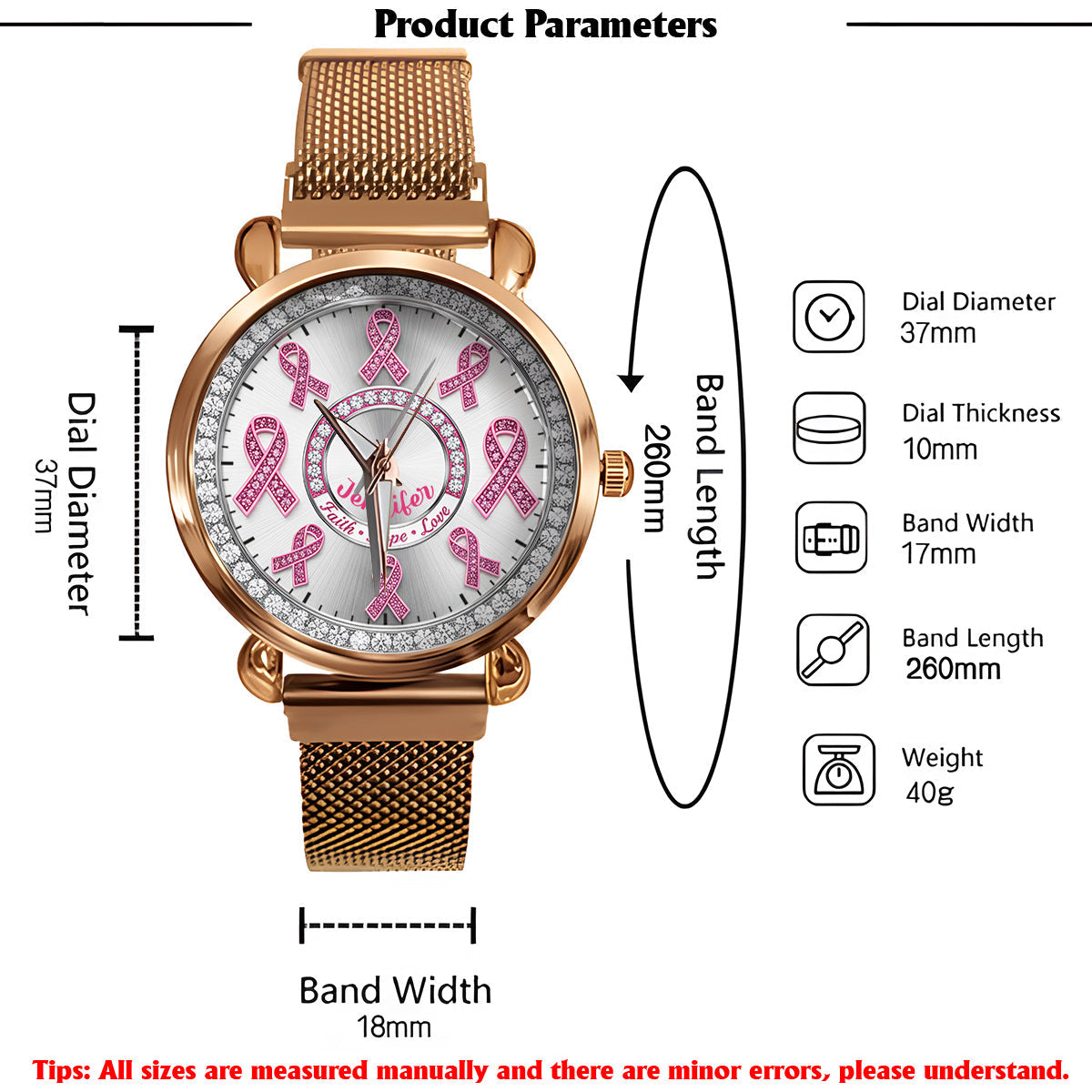 Faith Hope Love - Personalized Breast Cancer Awareness Women Hand Watch