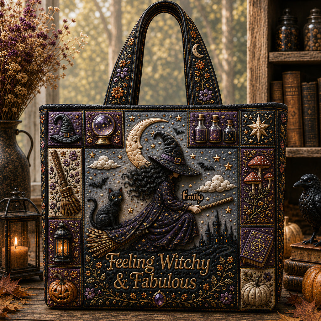 Feeling Witchy & Fabulous - Personalized Witch Quilted Tote Bag