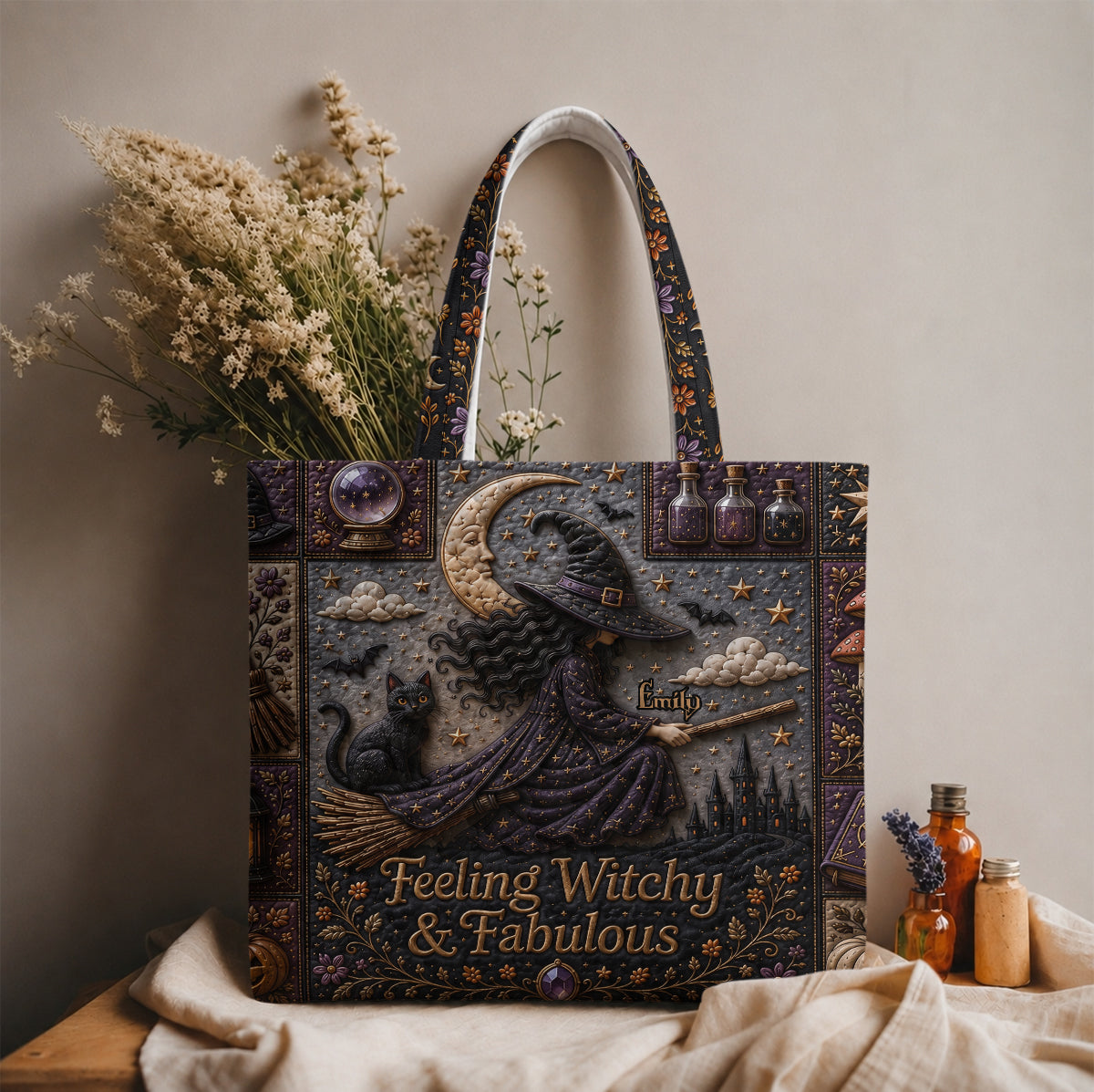 Feeling Witchy & Fabulous - Personalized Witch Quilted Tote Bag