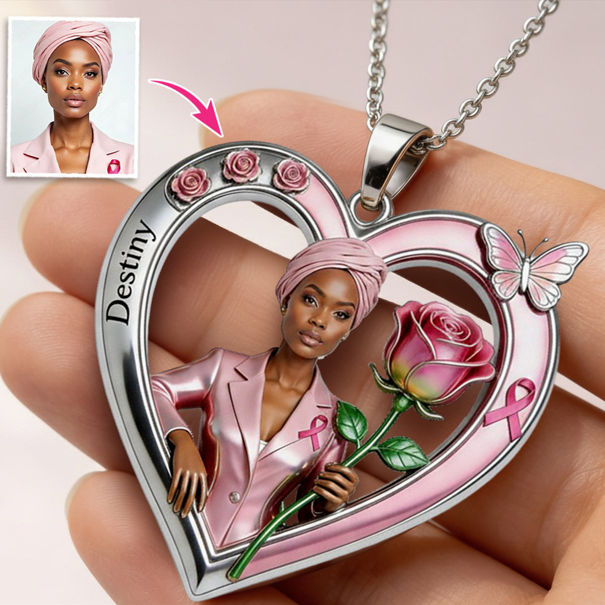 Any Photo Pink Ribbon Survivor - Personalized Breast Cancer Awareness Shaped Metal Pendant Necklace