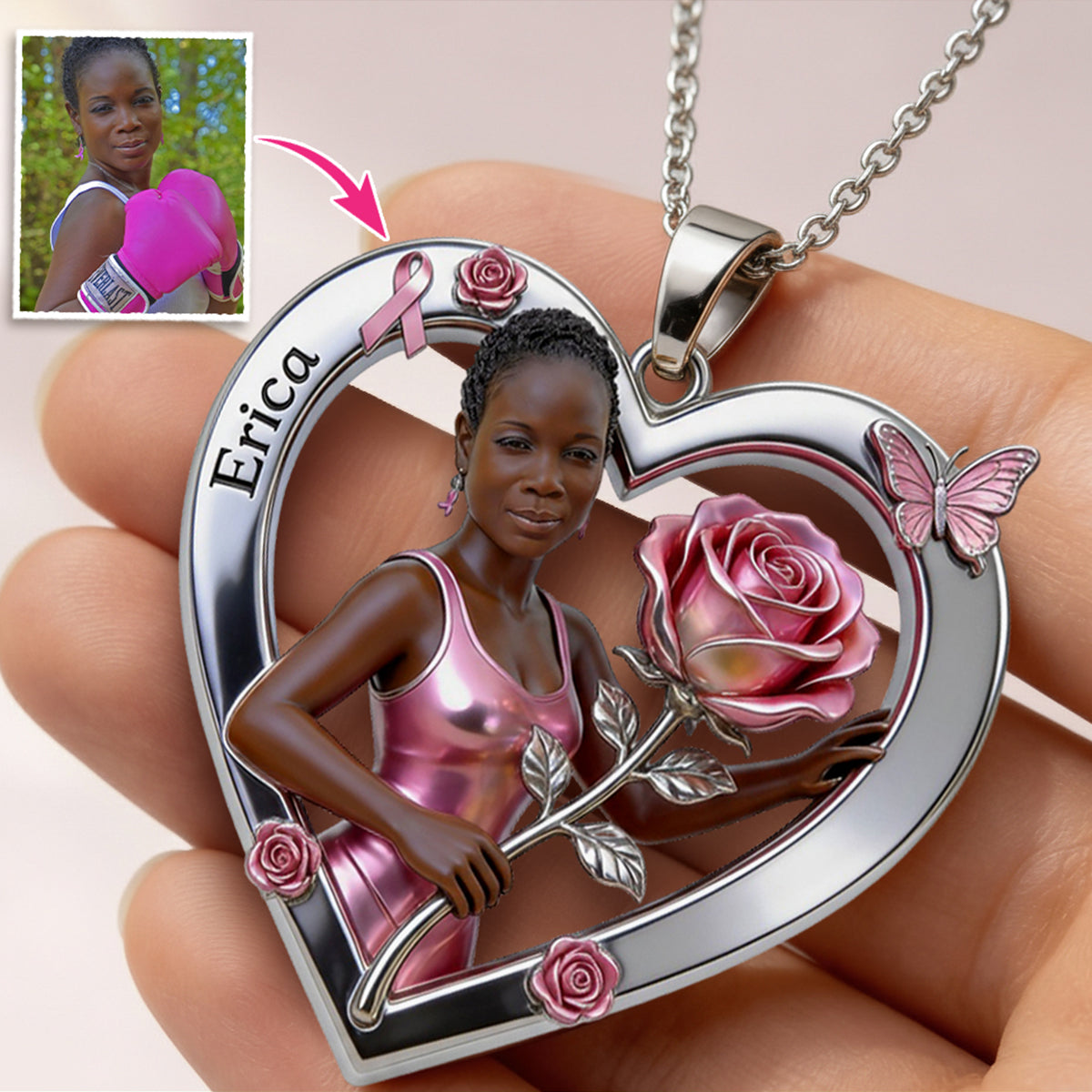 Any Photo Pink Ribbon Survivor - Personalized Breast Cancer Awareness Shaped Metal Pendant Necklace