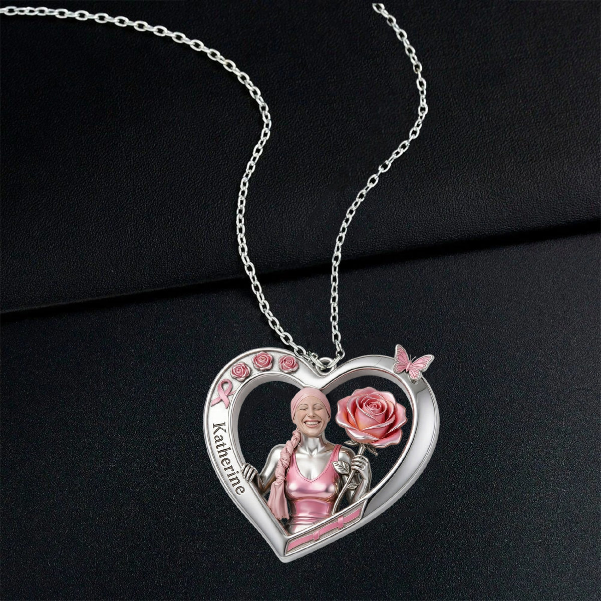 Any Photo Pink Ribbon Survivor - Personalized Breast Cancer Awareness Shaped Metal Pendant Necklace