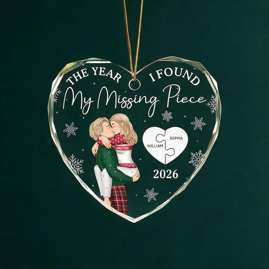 Personalized Christmas Couple Heart Shaped Glass Ornament - Found My Missing Piece Keepsake Gift