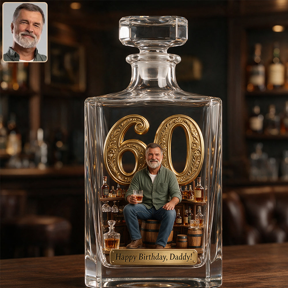 Birthday Gift For Him Dad.... Custom From Any Photo - Personalized Birthday Whiskey Decanter Set