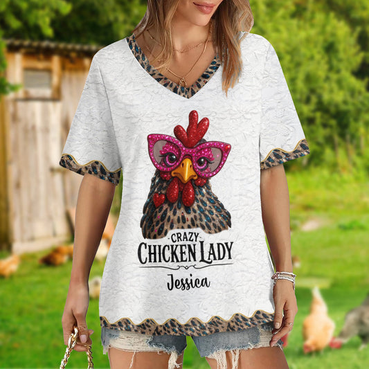 Crazy Chicken Lady - Personalized Chicken Fully Printed V-Neck T-Shirt