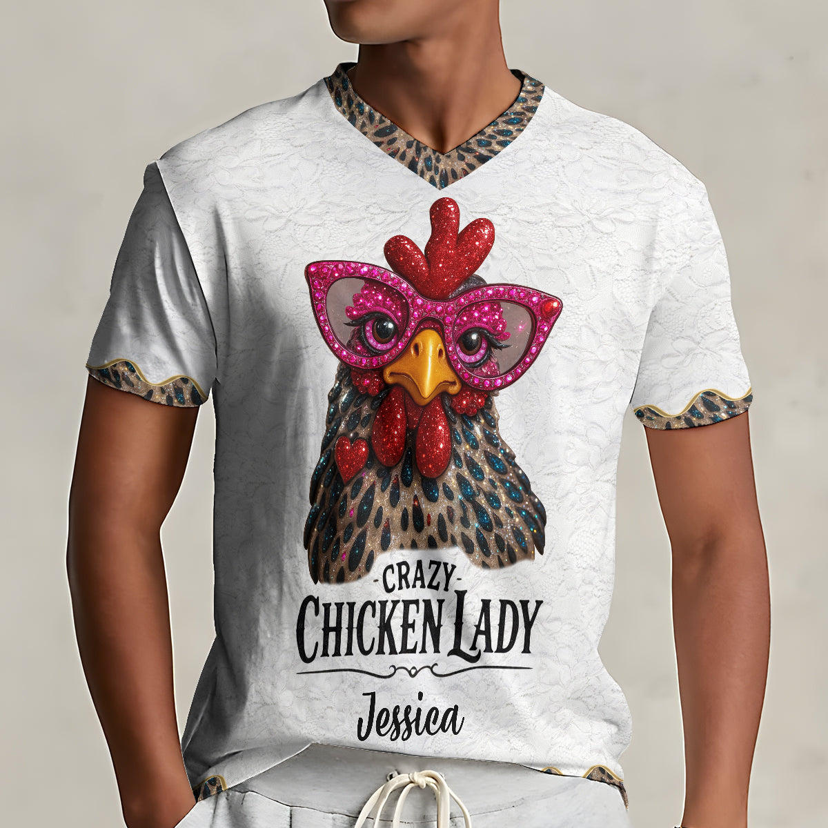 Crazy Chicken Lady - Personalized Chicken Fully Printed V-Neck T-Shirt