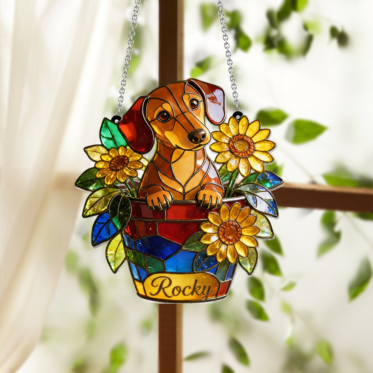 Cute Pet And Flowers - Personalized Dog Window Hanging Suncatcher Ornament