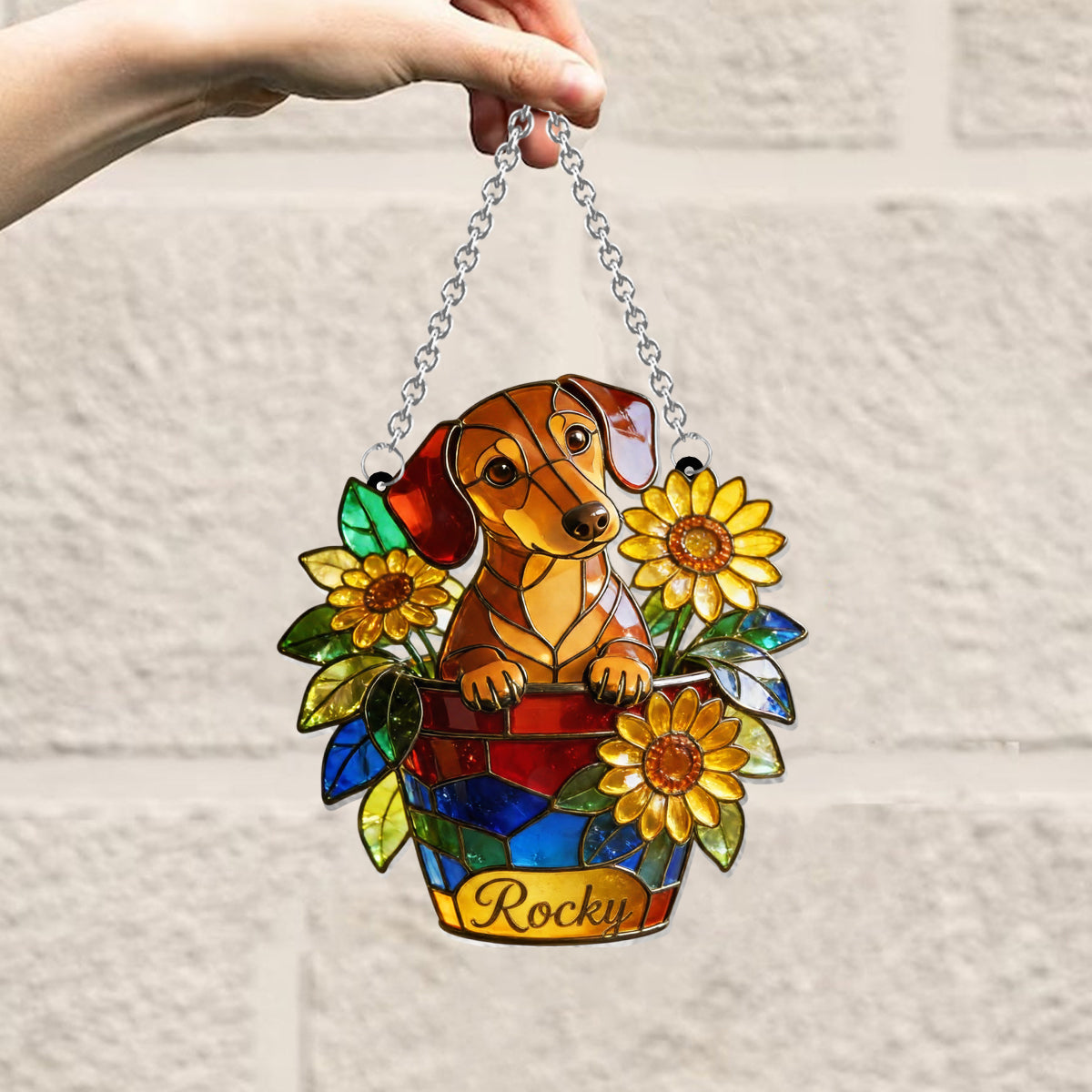 Cute Pet And Flowers - Personalized Dog Window Hanging Suncatcher Ornament