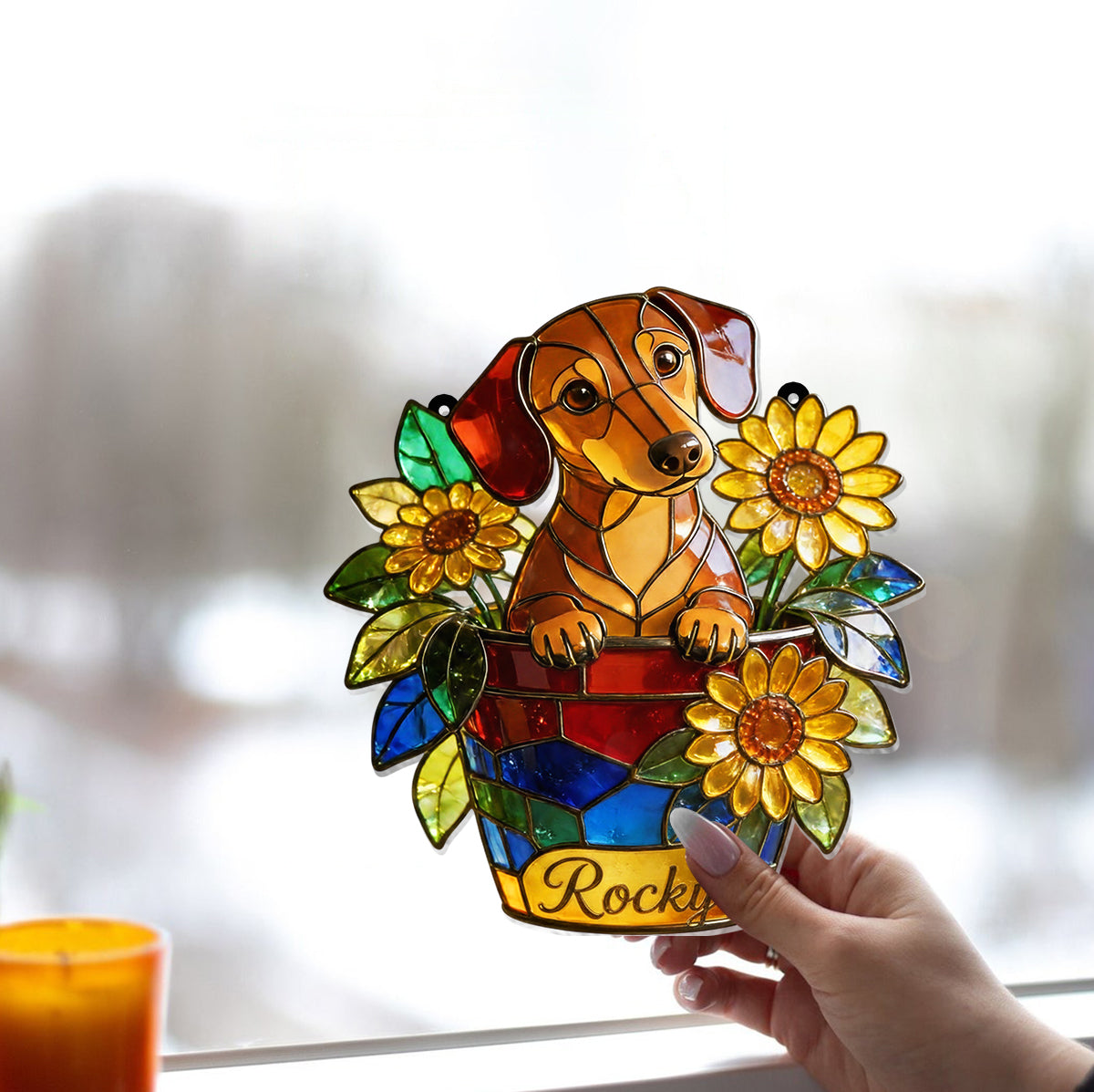 Cute Pet And Flowers - Personalized Dog Window Hanging Suncatcher Ornament