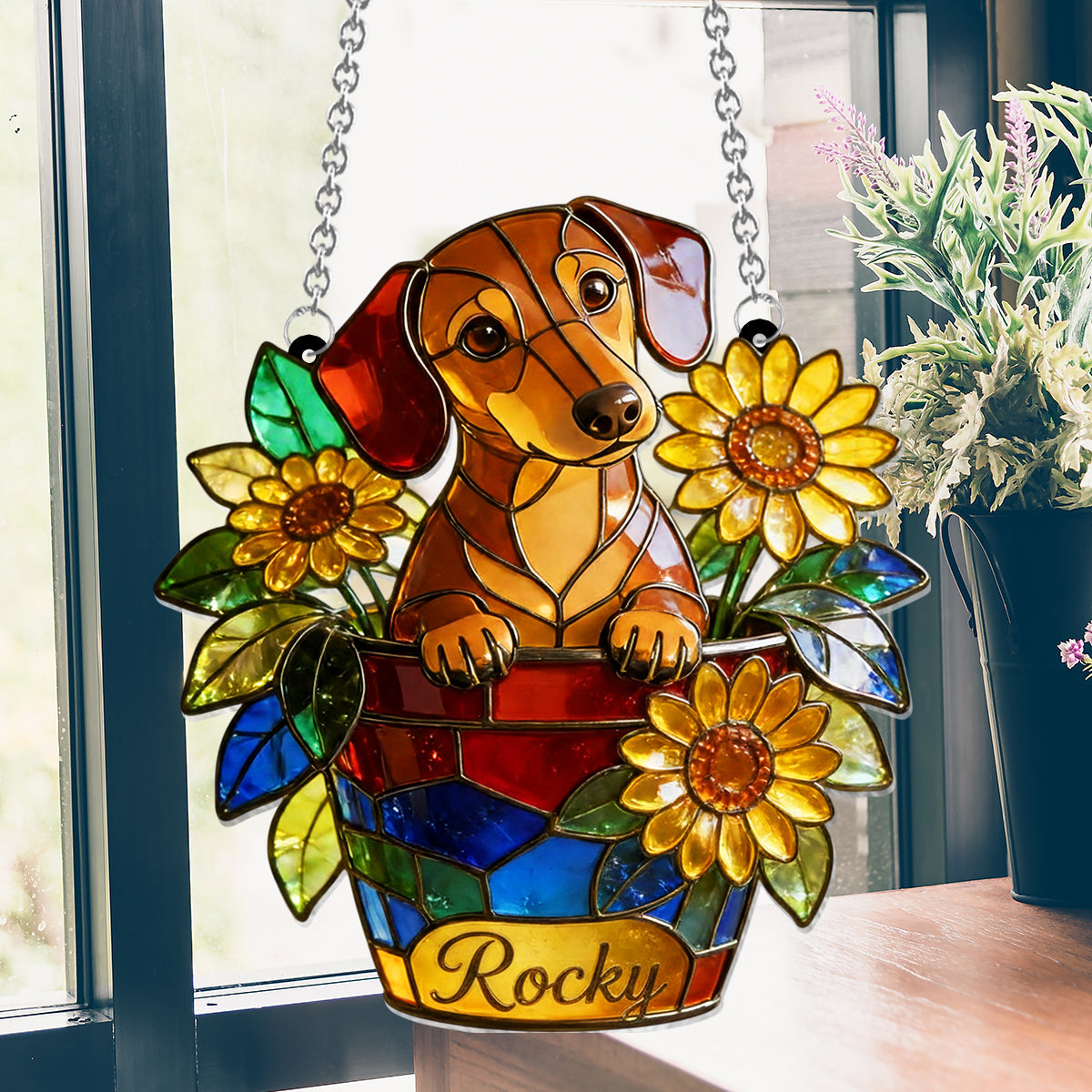 Cute Pet And Flowers - Personalized Dog Window Hanging Suncatcher Ornament