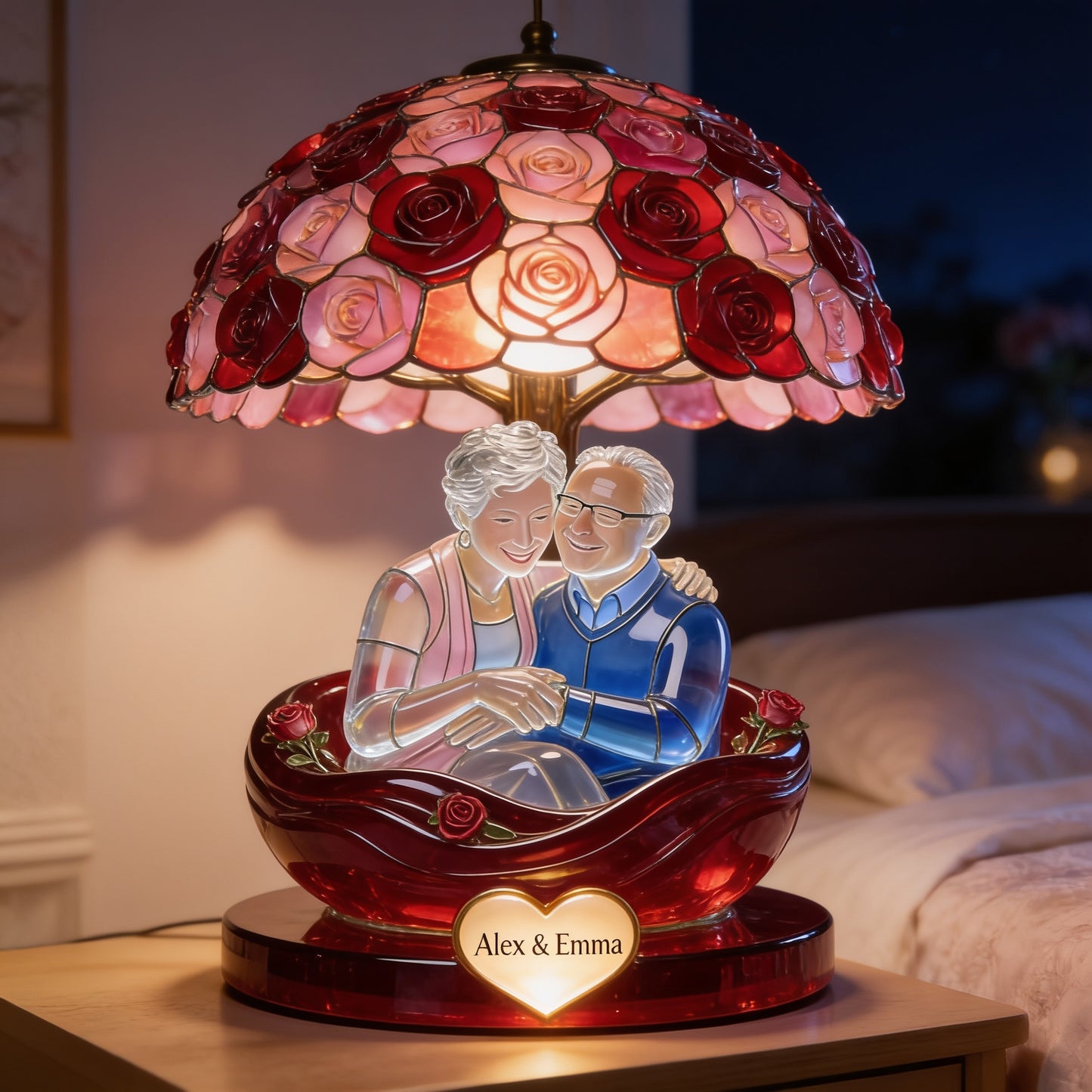 Personalized Old Couple Table Lamp Figurine Statue - Custom Elderly Anniversary Rose Shade Night Light Keepsake Gift