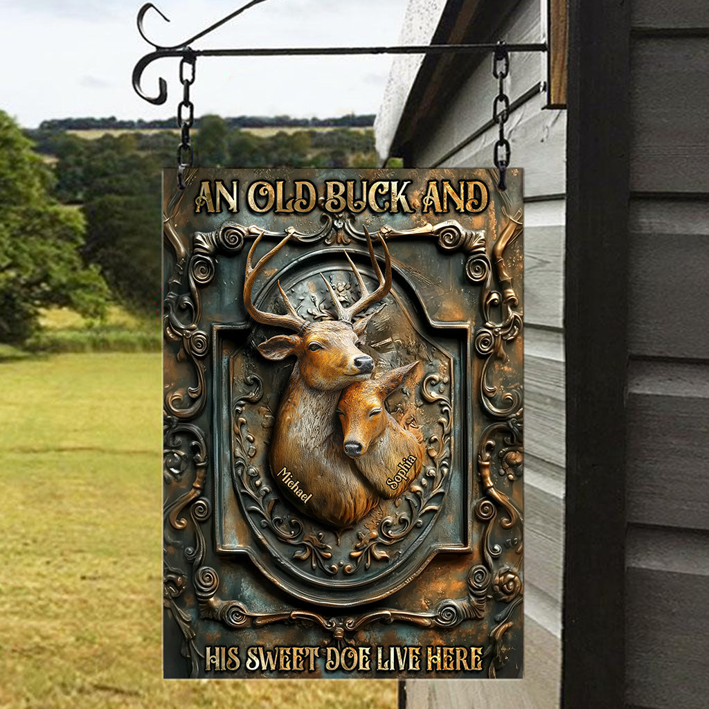 An Old Buck And His Sweet Doe Live Here - Personalized Hunting Rectangle Metal Sign