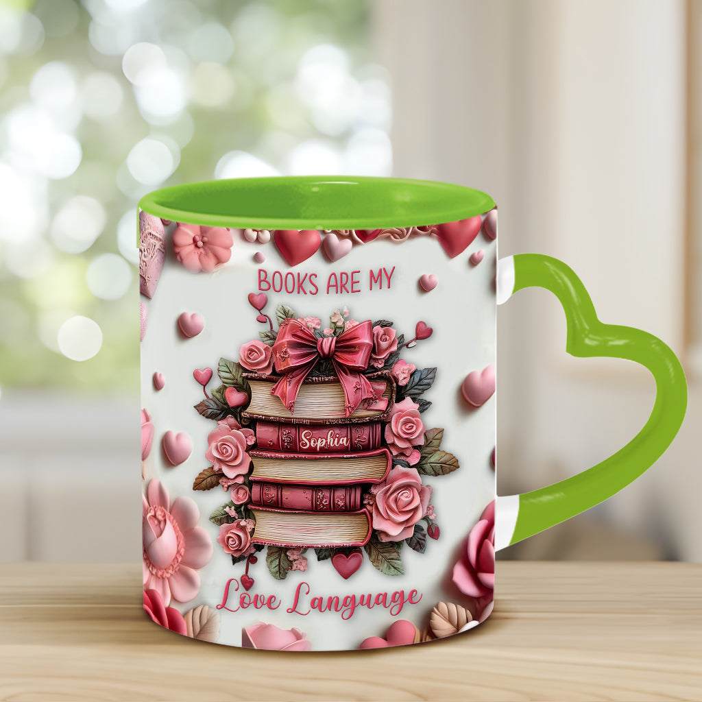 Books Are My Love Language - Personalized Book Heart Handle Mug