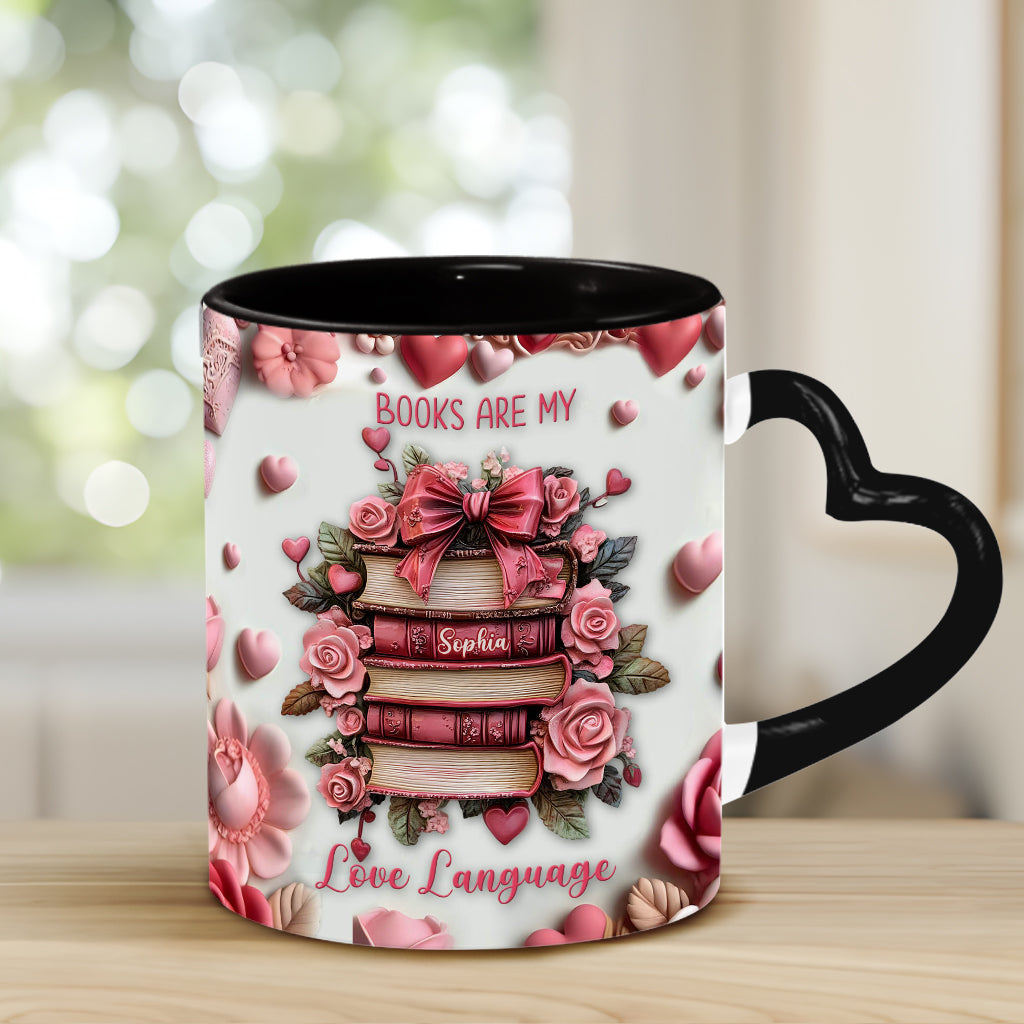 Books Are My Love Language - Personalized Book Heart Handle Mug