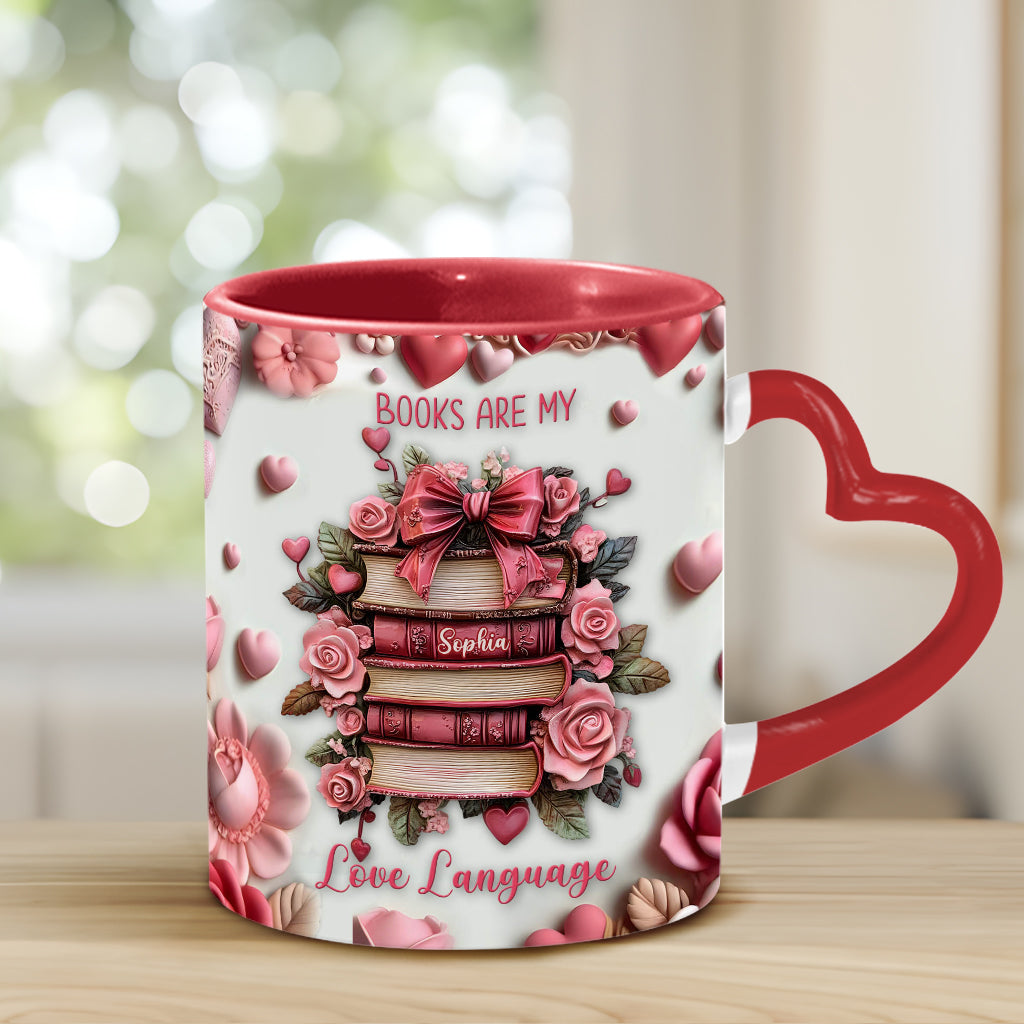 Books Are My Love Language - Personalized Book Heart Handle Mug