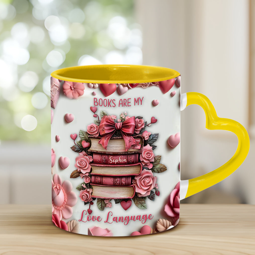 Books Are My Love Language - Personalized Book Heart Handle Mug