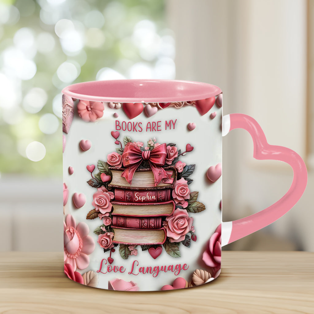 Books Are My Love Language - Personalized Book Heart Handle Mug