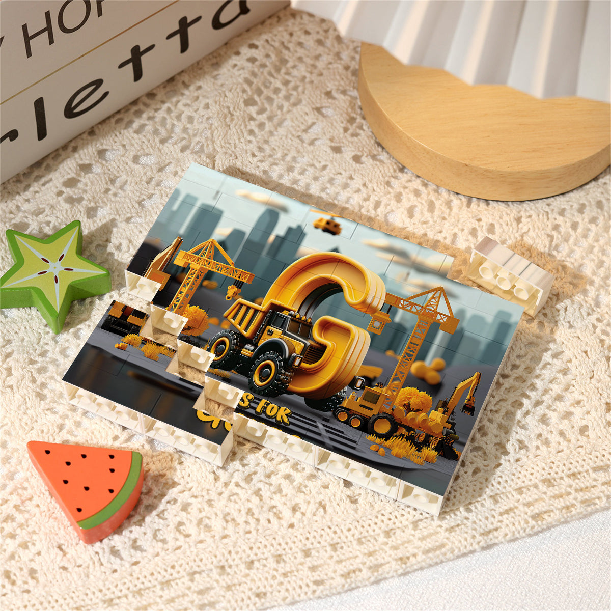 Construction Vehicles Letters - Personalized Kid One-sided Horizontal Rectangle Building Brick Blocks