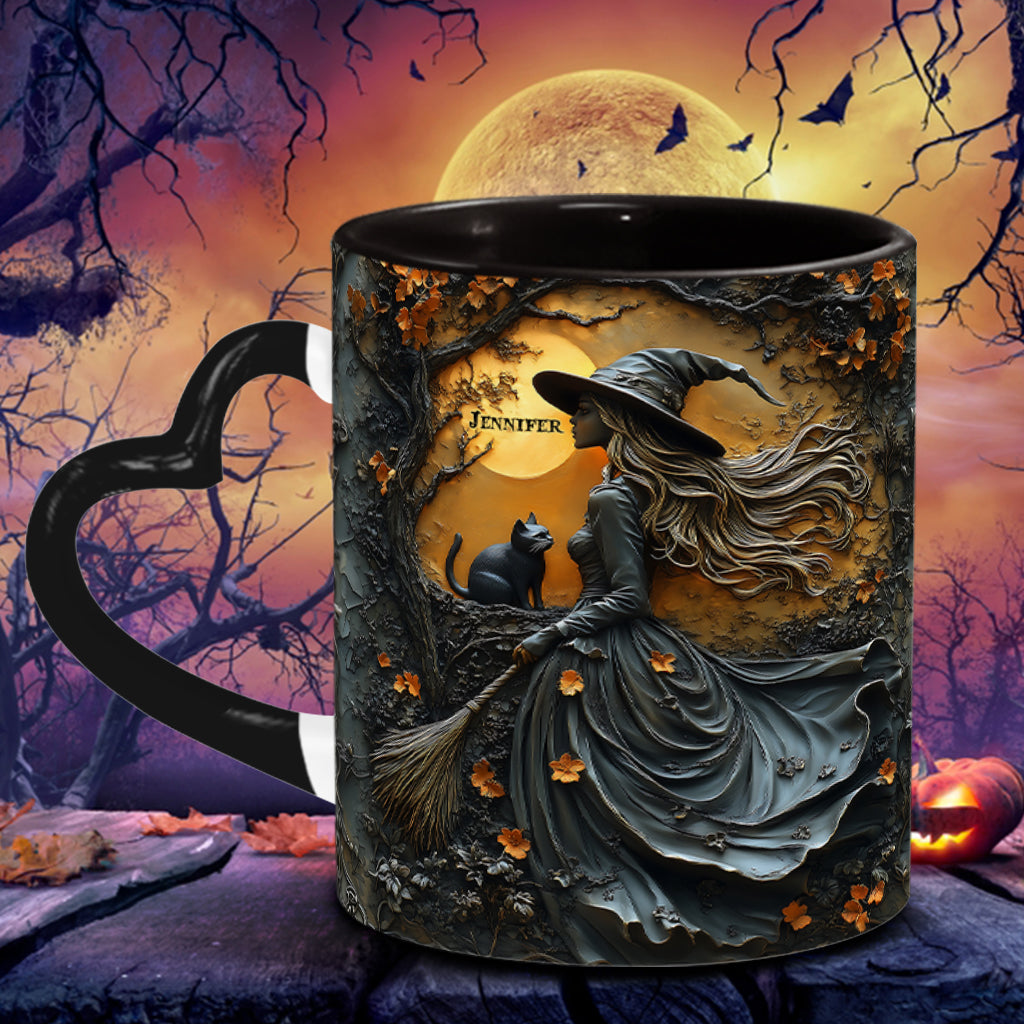 Beautiful Witch & Her Black Cat - Personalized Witch Heart Handle Mug
