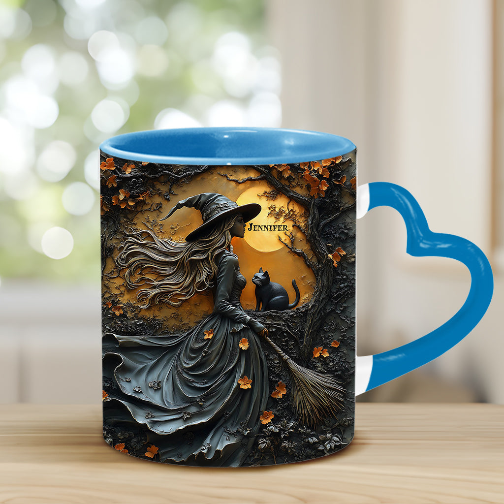 Beautiful Witch & Her Black Cat - Personalized Witch Heart Handle Mug