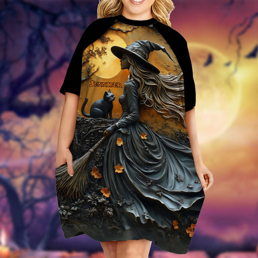Beautiful Witch & Her Black Cat - Personalized Witch Sleep T-shirt Dress