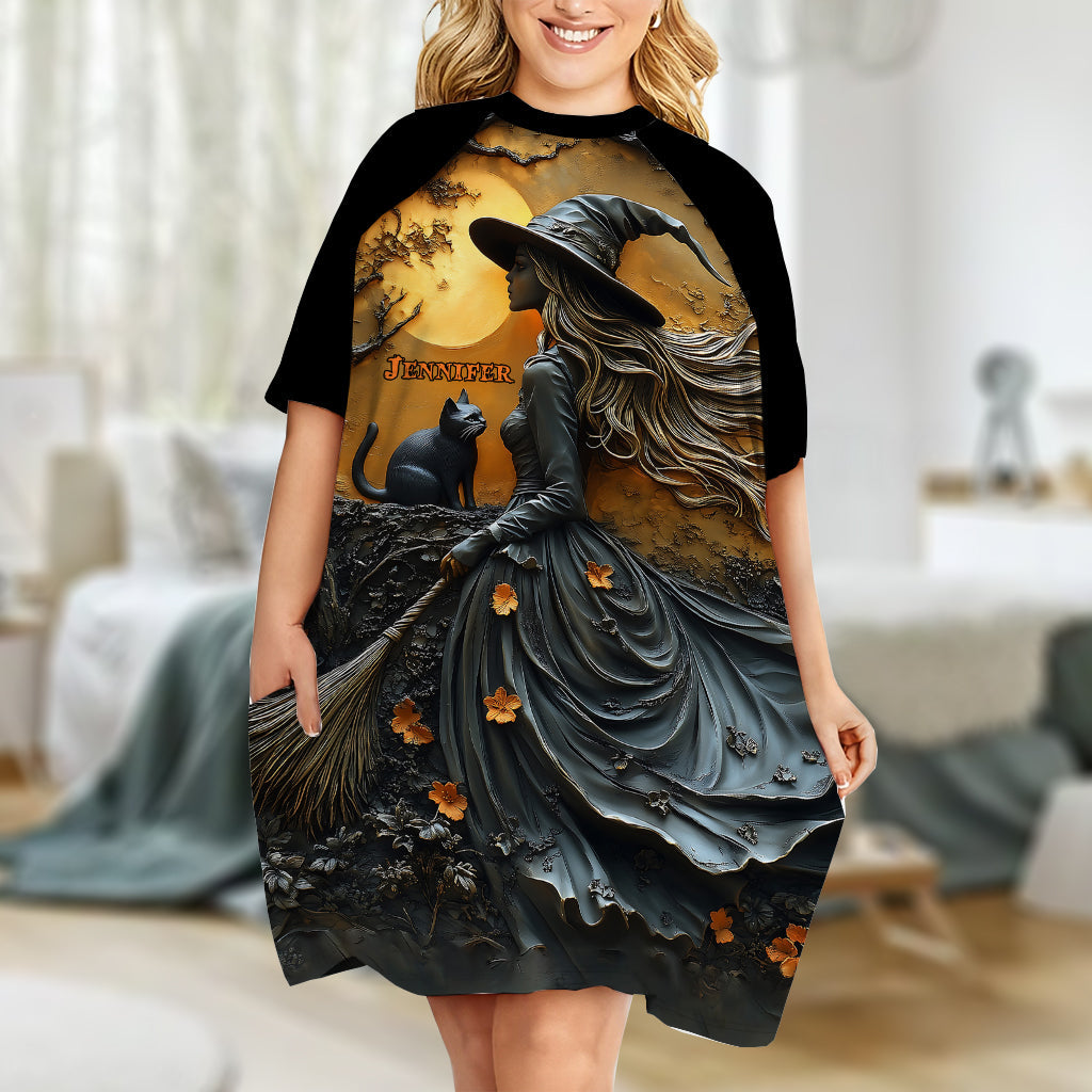 Beautiful Witch & Her Black Cat - Personalized Witch Sleep T-shirt Dress