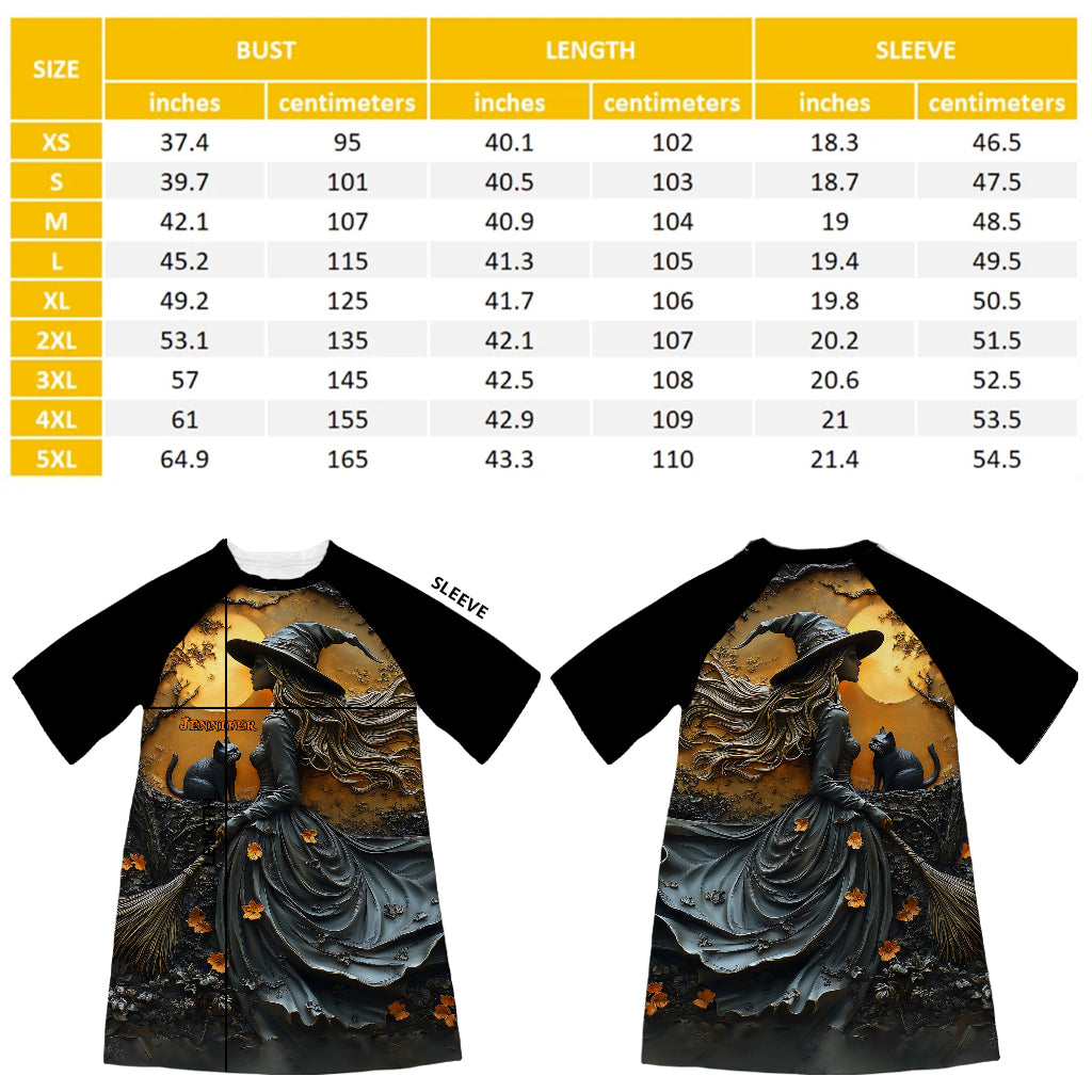Beautiful Witch & Her Black Cat - Personalized Witch Sleep T-shirt Dress