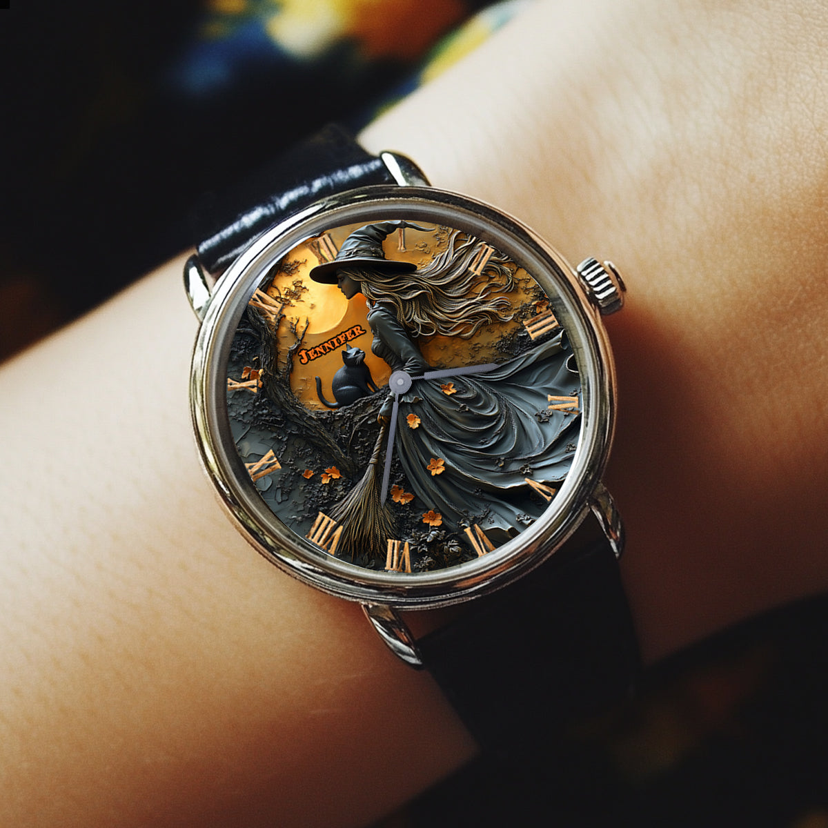Beautiful Witch & Her Black Cat - Personalized Witch Hand Watch