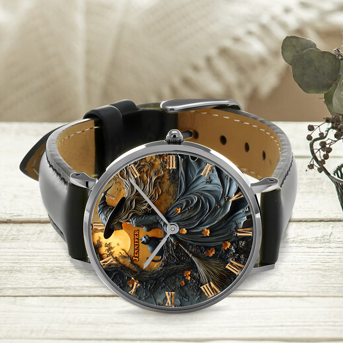 Beautiful Witch & Her Black Cat - Personalized Witch Hand Watch