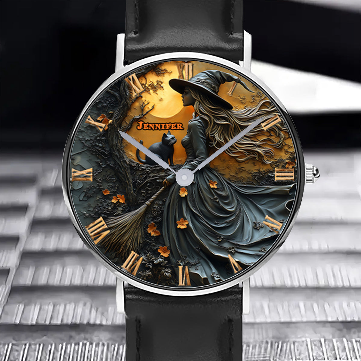 Beautiful Witch & Her Black Cat - Personalized Witch Hand Watch