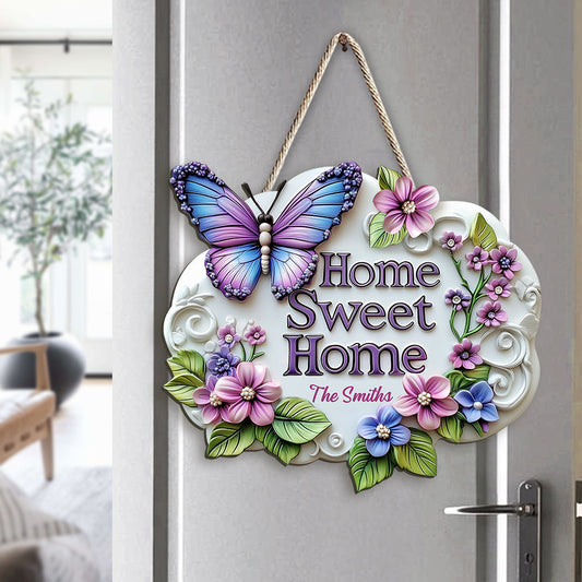 Home Sweet Home - Personalized Butterfly Custom Shaped Wood Sign