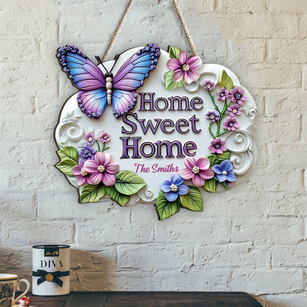 Home Sweet Home - Personalized Butterfly Custom Shaped Wood Sign