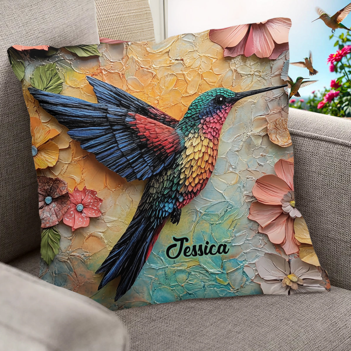 Stunning Fly - Personalized Hummingbird Throw Pillow