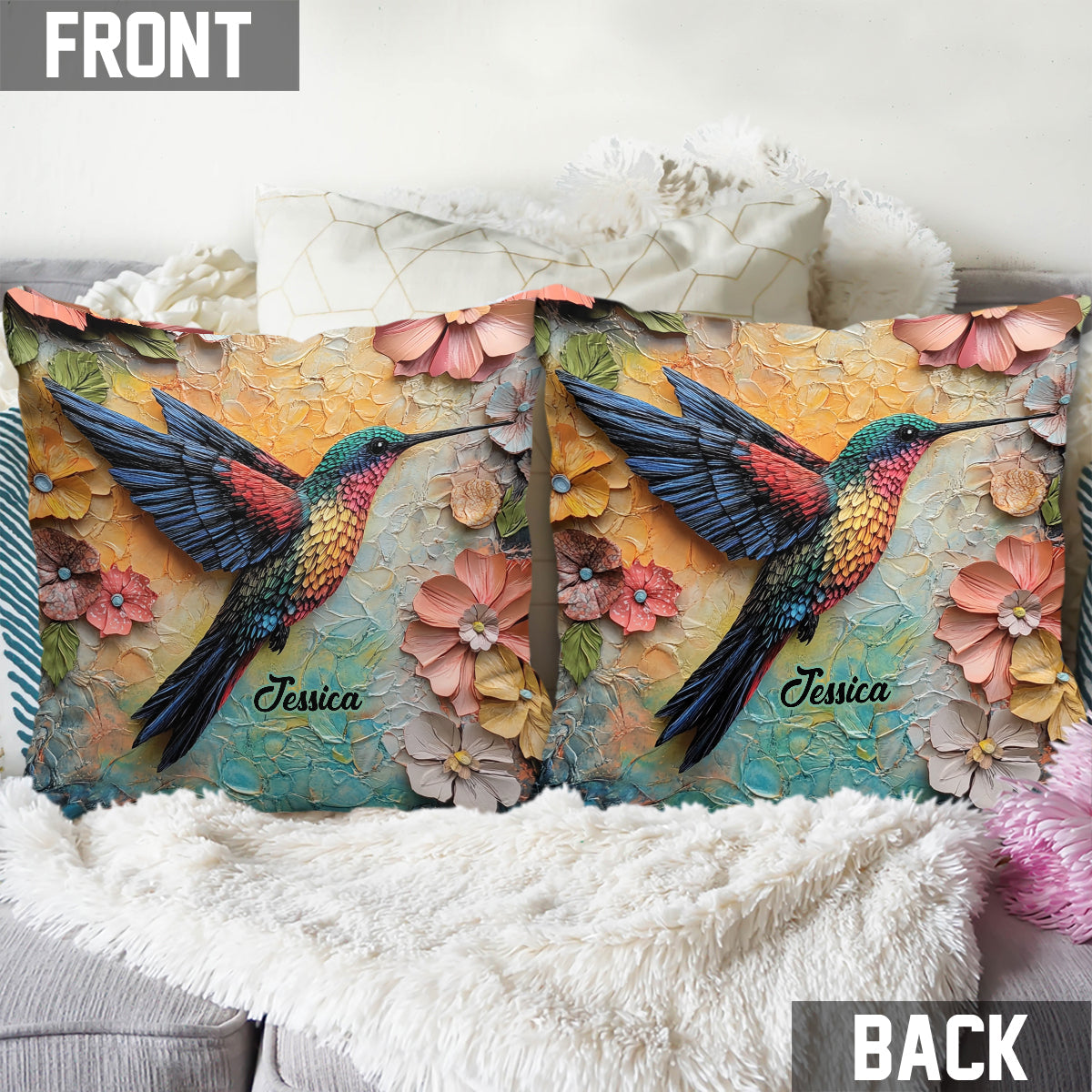 Stunning Fly - Personalized Hummingbird Throw Pillow