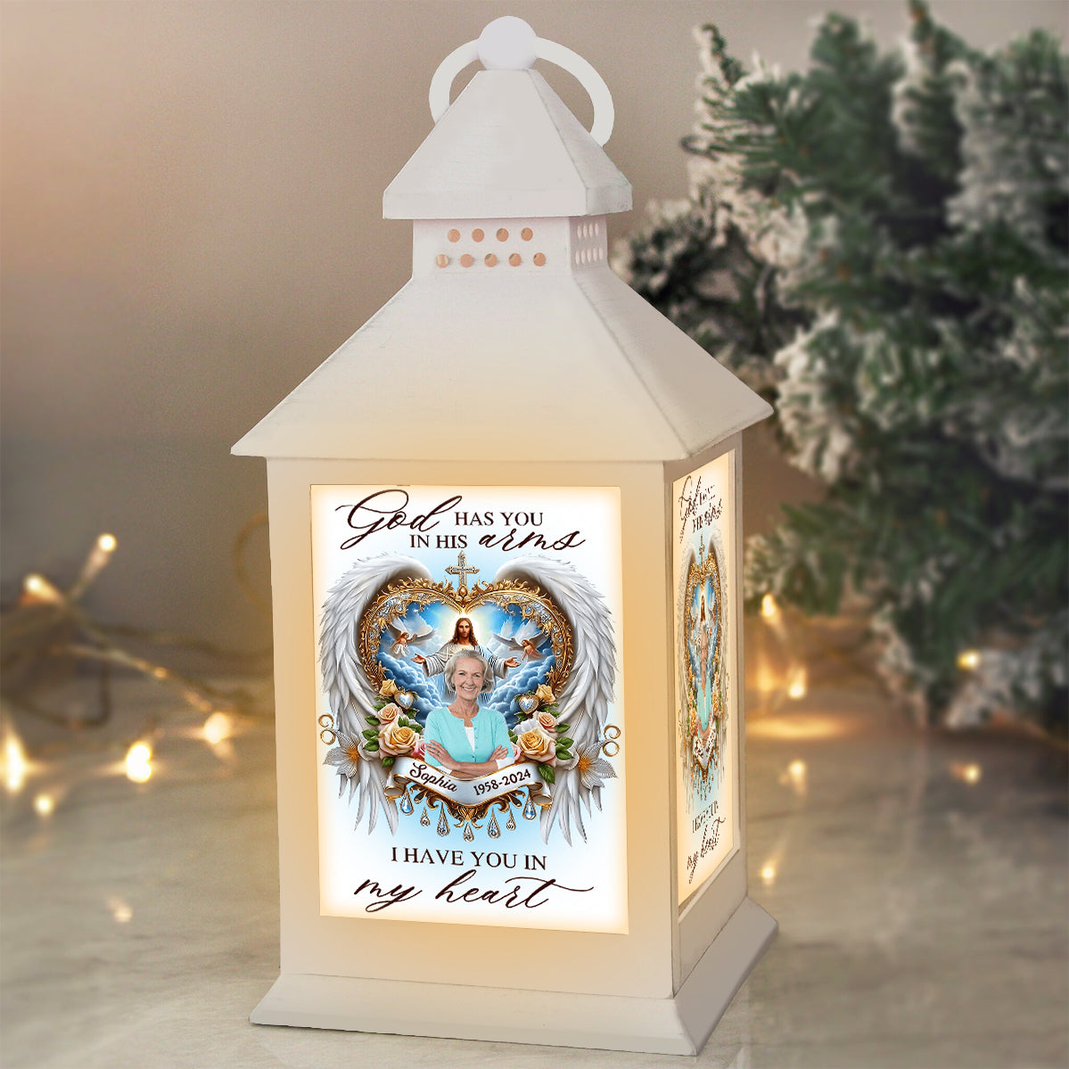 God Has You In His Arms - Personalized Memorial Candle Lantern