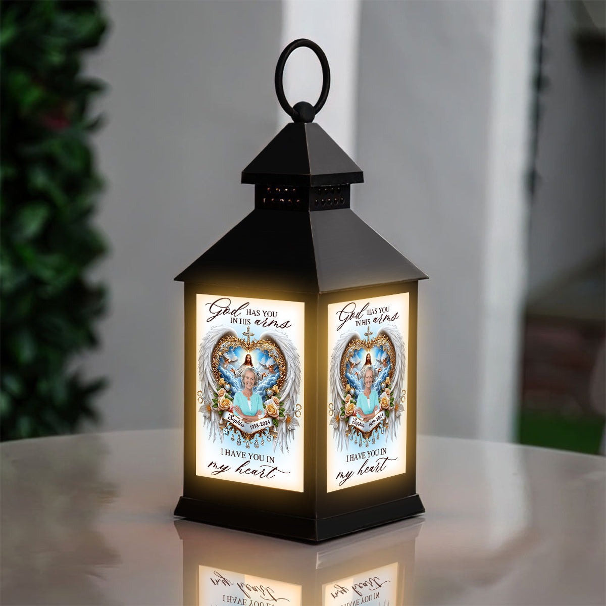 God Has You In His Arms - Personalized Memorial Candle Lantern