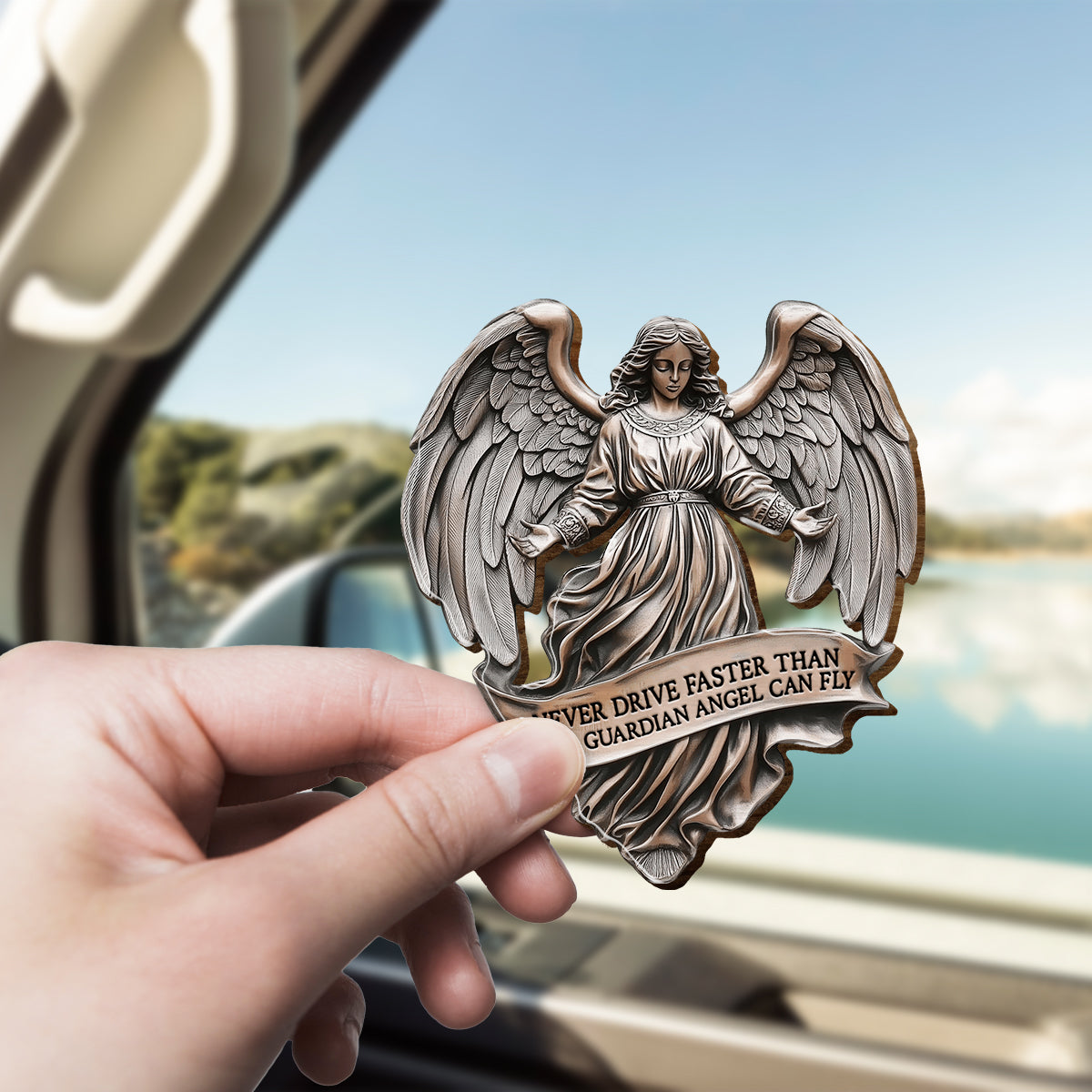 Never Drive Faster Than Your Guardian Angel Can Fly - Personalized Christian Shaped Car Visor Clip
