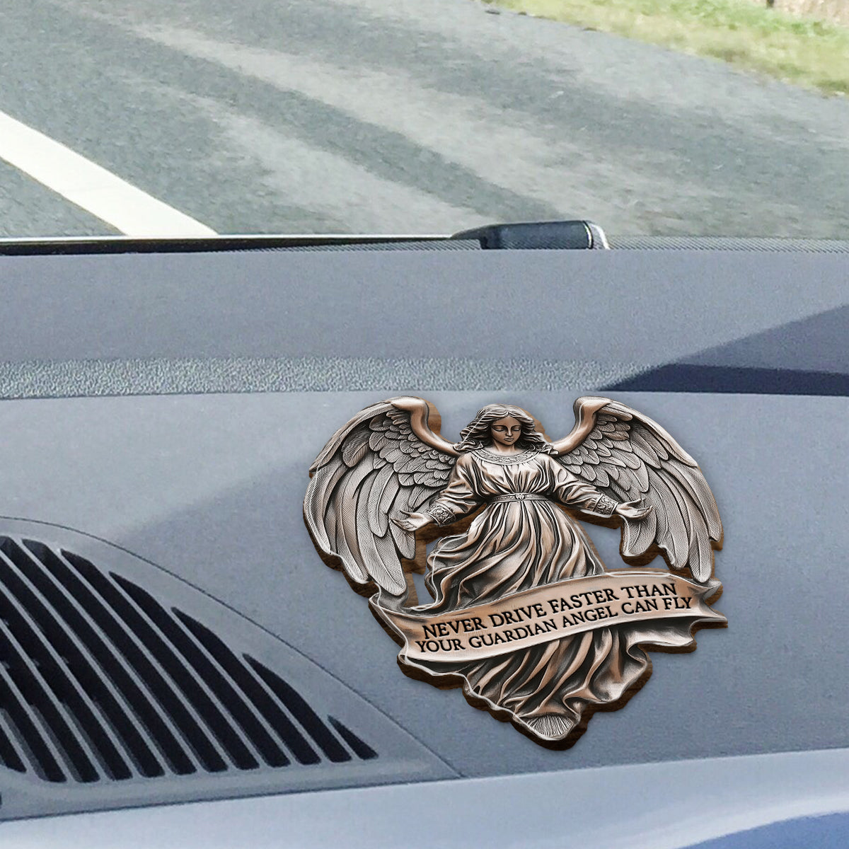 Never Drive Faster Than Your Guardian Angel Can Fly - Personalized Christian Shaped Car Visor Clip