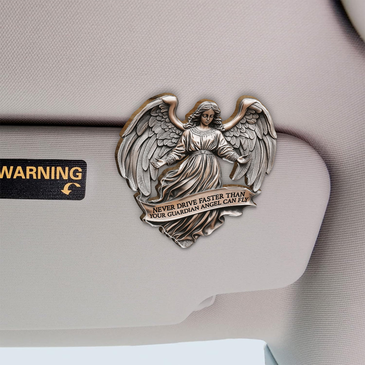 Never Drive Faster Than Your Guardian Angel Can Fly - Personalized Christian Shaped Car Visor Clip