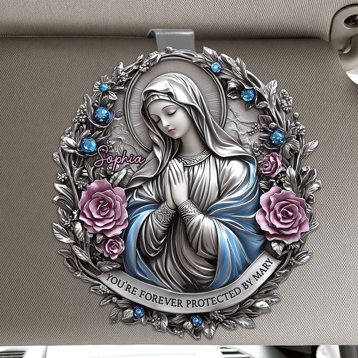You're Forever Protected By Mary - Personalized Christian Shaped Car Visor Clip