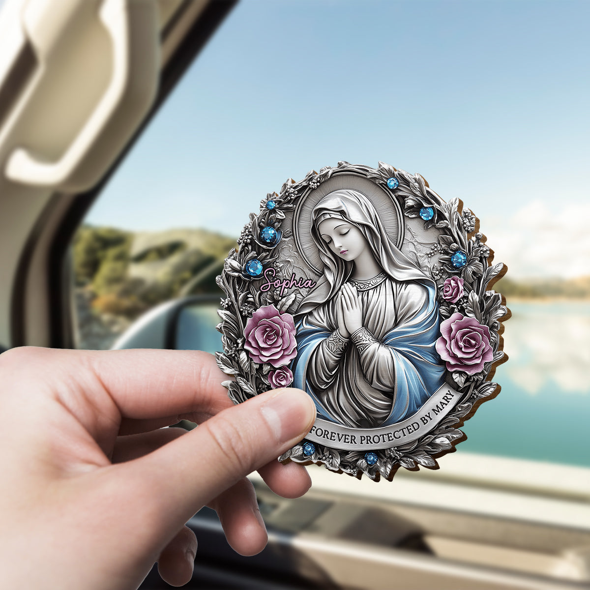 You're Forever Protected By Mary - Personalized Christian Shaped Car Visor Clip