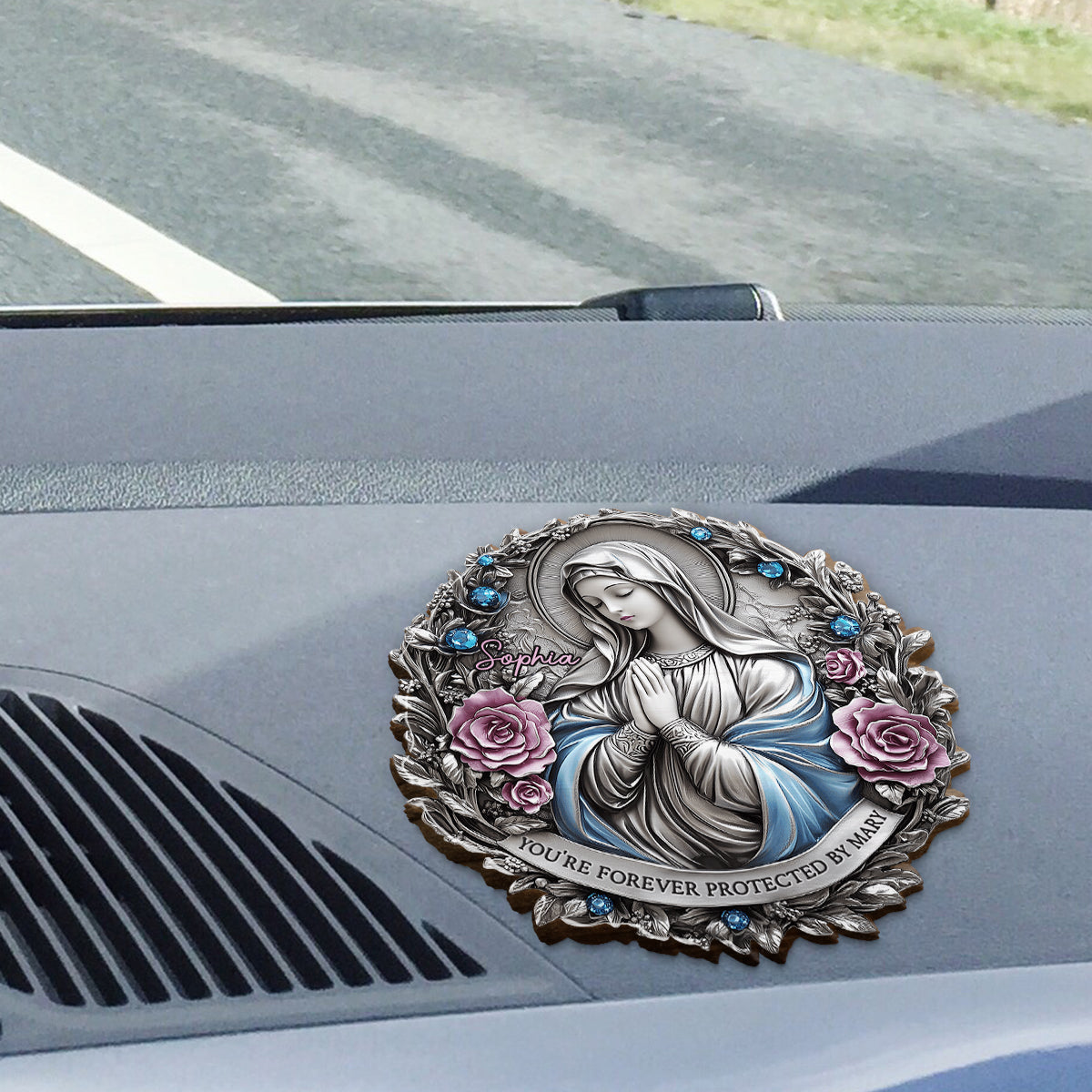 You're Forever Protected By Mary - Personalized Christian Shaped Car Visor Clip