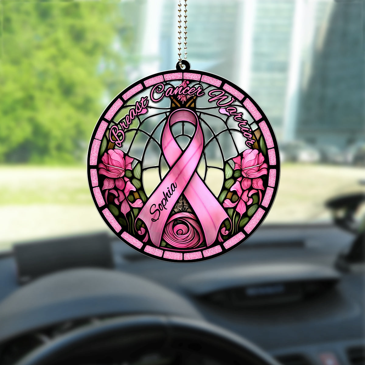 Breast Cancer Warrior - Personalized Breast Cancer Awareness Custom Shaped Car Ornament