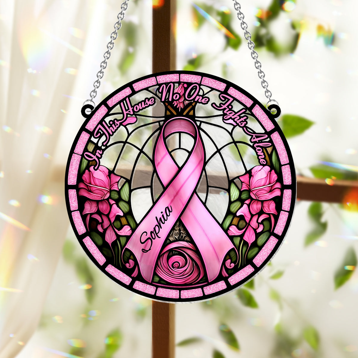 In This House No One Fights Alone - Personalized Breast Cancer Awareness Window Hanging Suncatcher Ornament
