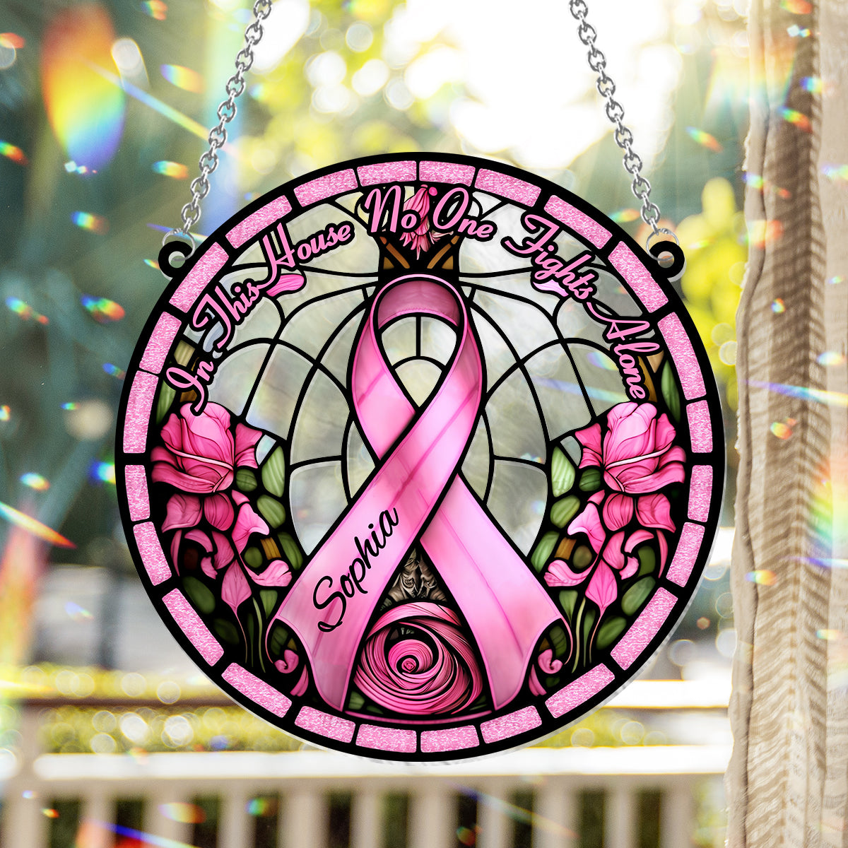 In This House No One Fights Alone - Personalized Breast Cancer Awareness Window Hanging Suncatcher Ornament